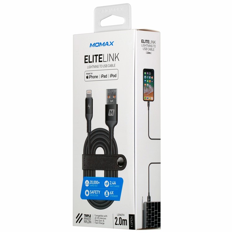 MOMAX Elite Link MFI 2M Woven Lightning 8pin USB Data Sync Charger Cable for iPhone iPad iPod - Grey-8