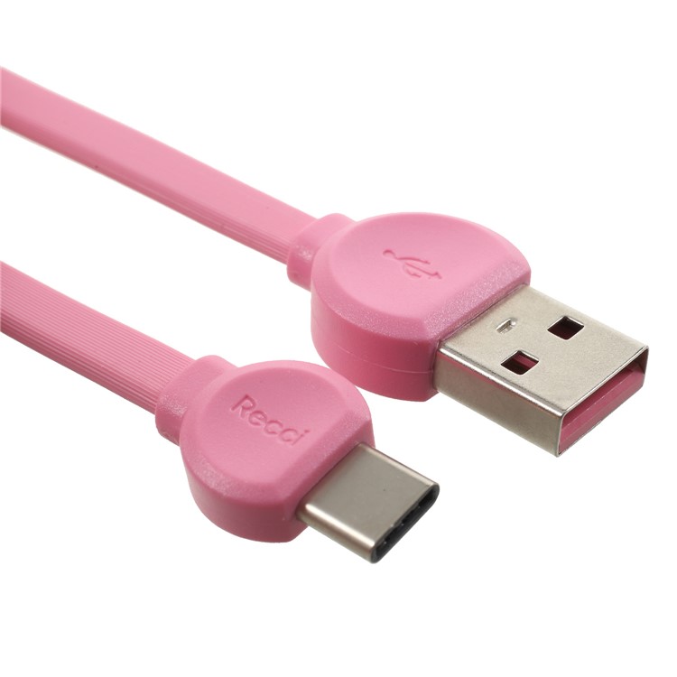 RECCI RCT-D100 Flat Noodle Type-C USB Charger Cable for Samsung HTC Huawei - Pink-1