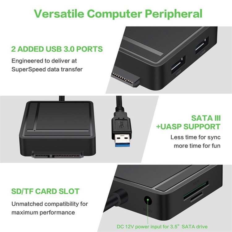 CY U3-386 USB 3.0 to SATA 2.5" 3.5" + 2 USB 3.0 Ports + SD/TF Card Reader Adapter for Laptop and Computer-12
