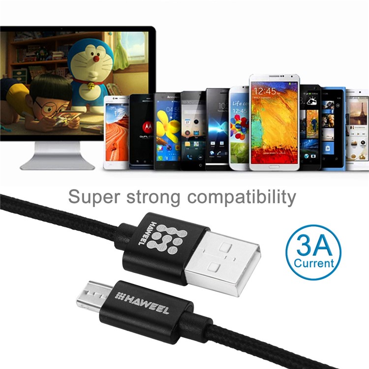 HAWEEL HWL1024 1m 3A Woven Micro USB Data Sync Charging Cable for Samsung Huawei etc - Black-5