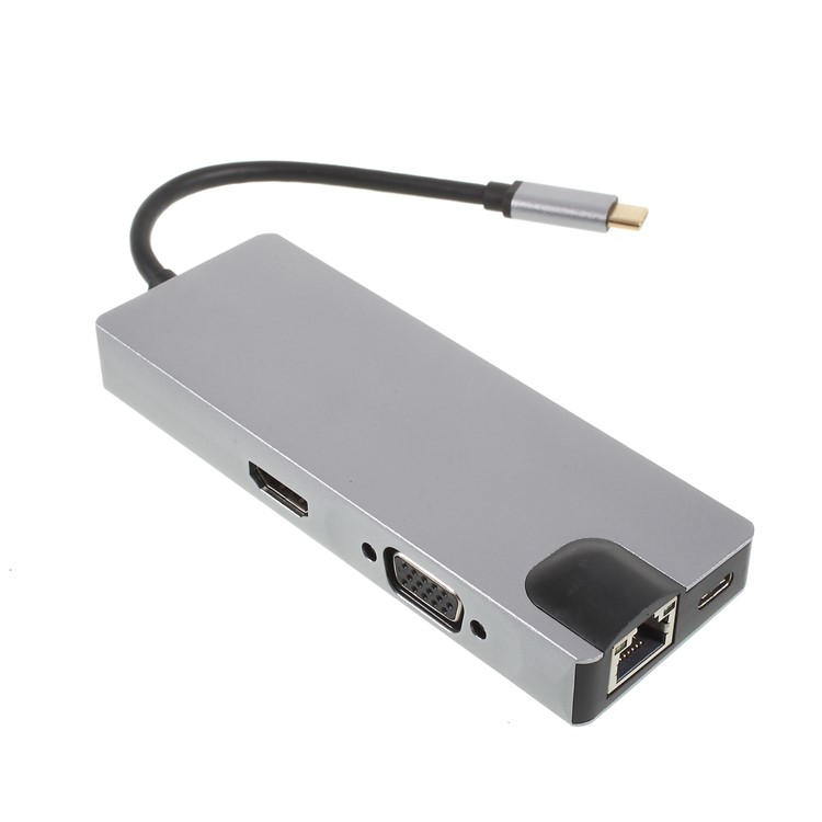 Multi-functional 8-in-1 Type-C Adapter with LAN + Type-C + SD/TF Card + 2 USB 3.0 + HDMI + VGA Ports-2