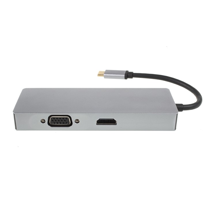 Multi-functional 8-in-1 Type-C Adapter with LAN + Type-C + SD/TF Card + 2 USB 3.0 + HDMI + VGA Ports-3