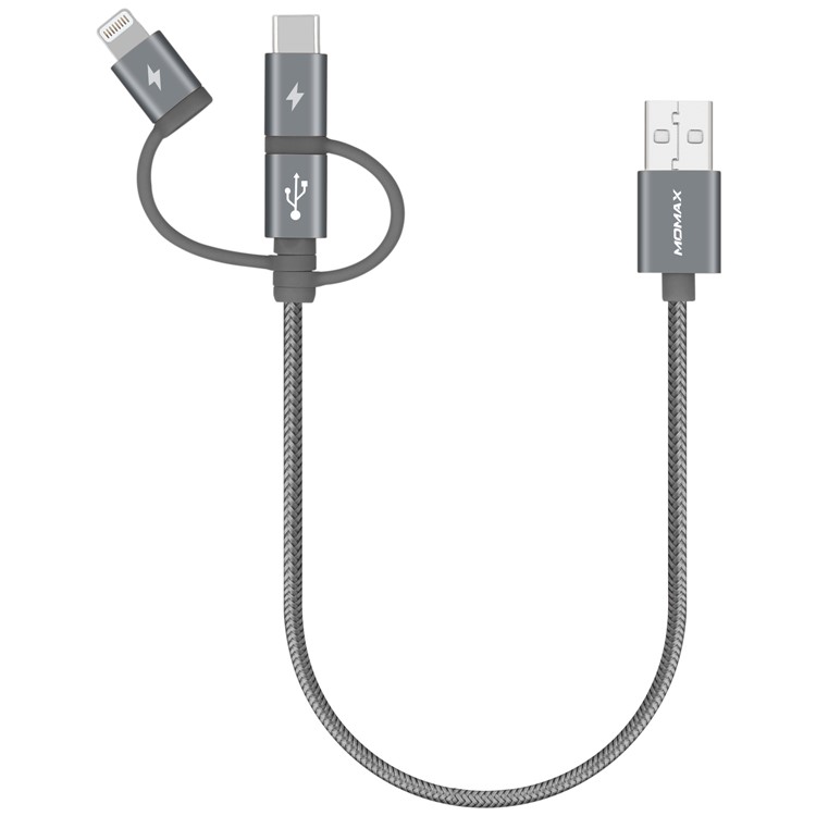 MOMAX MFI Certified 30cm 3-in-1 Lightning 8Pin + Micro USB + Type-C USB Cable for iPhone Samsung Huawei - Grey-1
