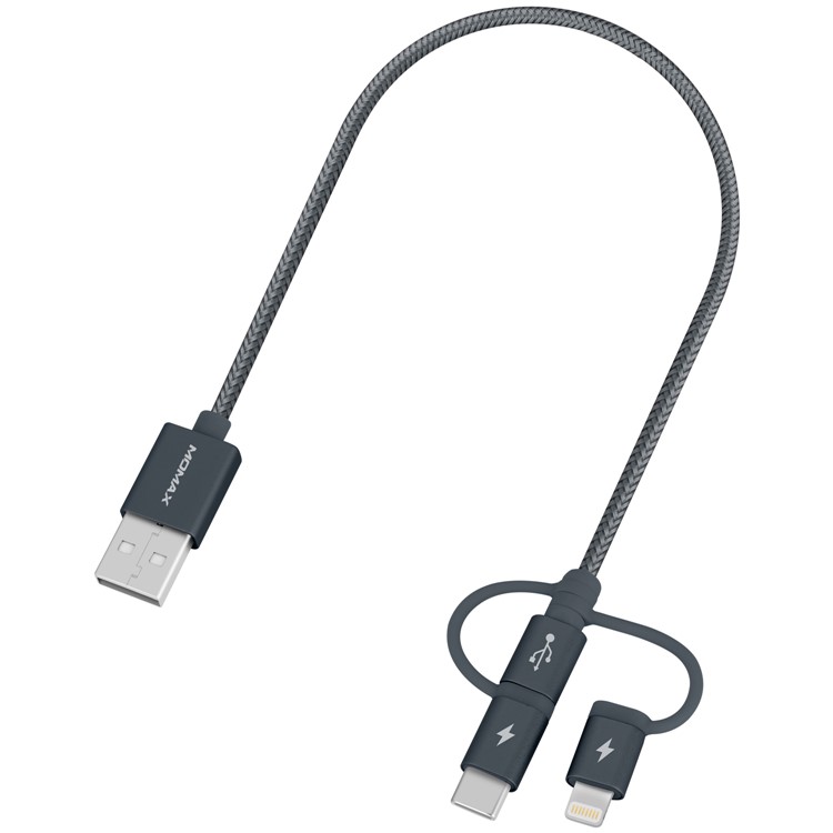 MOMAX MFI Certified 30cm 3-in-1 Lightning 8Pin + Micro USB + Type-C USB Cable for iPhone Samsung Huawei - Grey-4