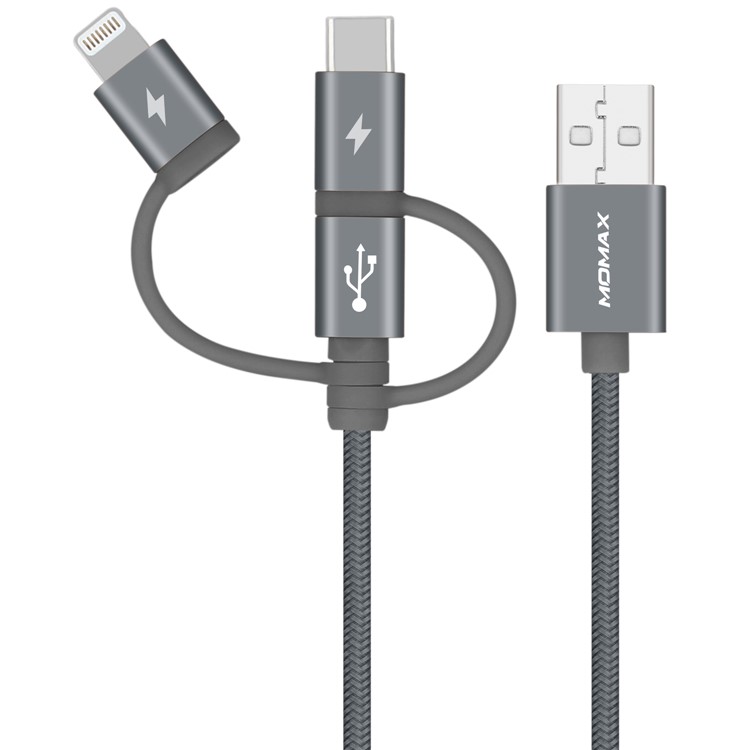 MOMAX MFI Certified 30cm 3-in-1 Lightning 8Pin + Micro USB + Type-C USB Cable for iPhone Samsung Huawei - Grey-5