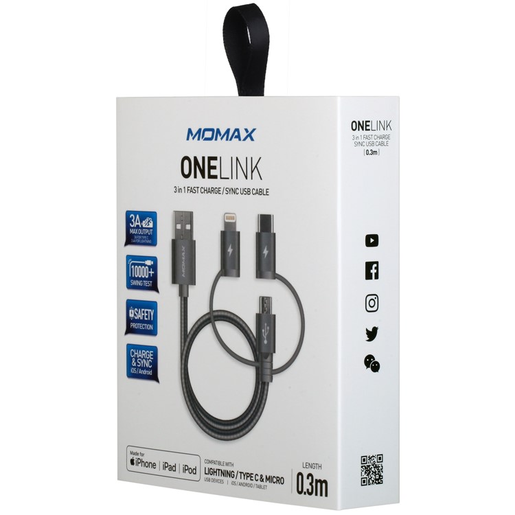 MOMAX MFI Certified 30cm 3-in-1 Lightning 8Pin + Micro USB + Type-C USB Cable for iPhone Samsung Huawei - Grey-6