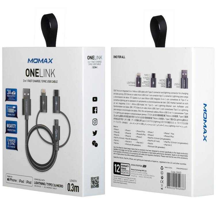 MOMAX MFI Certified 30cm 3-in-1 Lightning 8Pin + Micro USB + Type-C USB Cable for iPhone Samsung Huawei - Grey-7