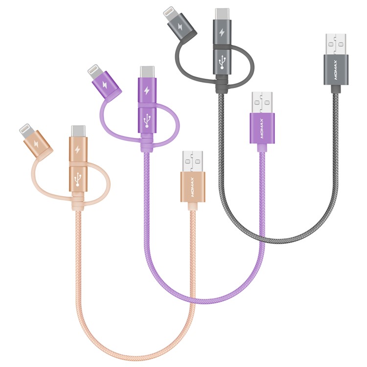 MOMAX MFI Certified 30cm 3-in-1 Lightning 8Pin + Micro USB + Type-C USB Cable for iPhone Samsung Huawei - Grey-9