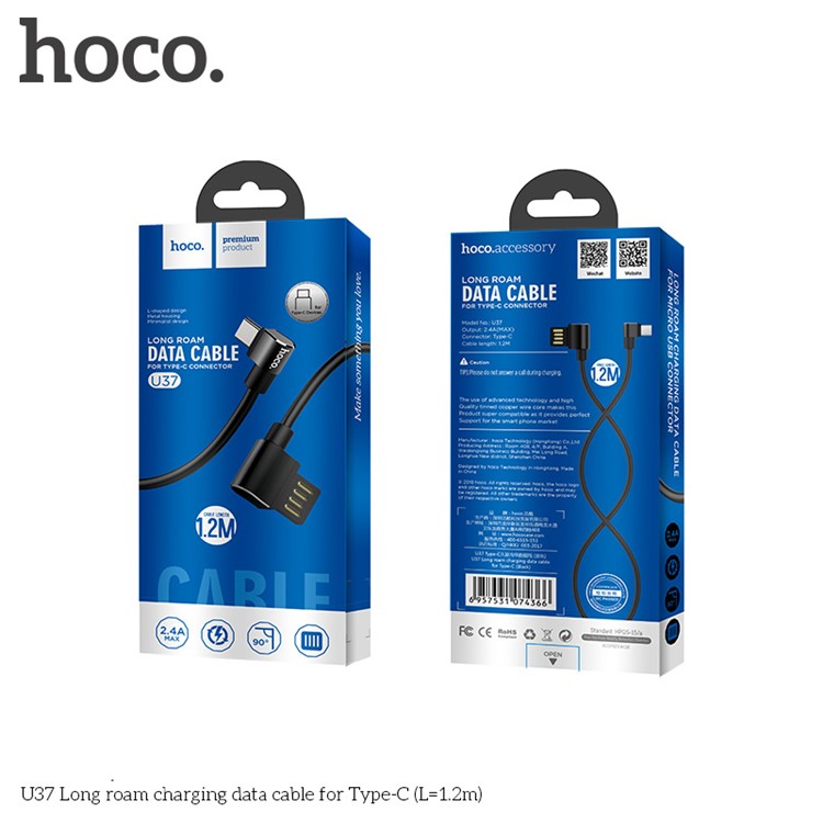 HOCO U37 90 Degree Right Angled Type C Charging Data Cable 1.2m for Samsung Huawei etc. - Black-8