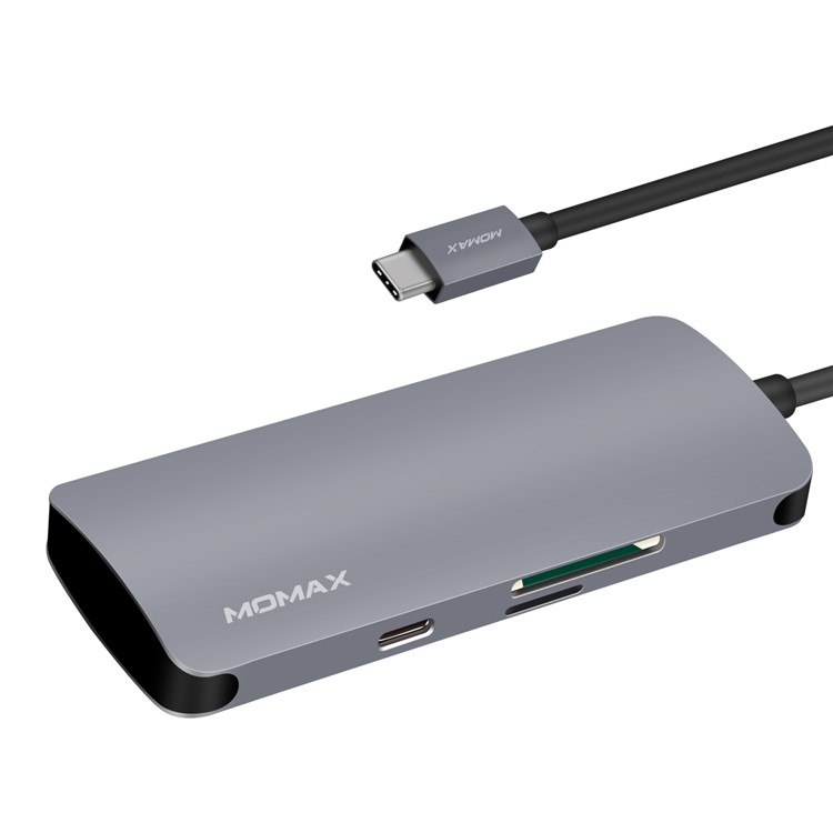 MOMAX ONE LINK Aluminum 6-in-1 Type-C to 3 USB 3.1 Ports + Type-C Charging Port + TF/SD Card Reader Ports Adapter Hub - Grey-1