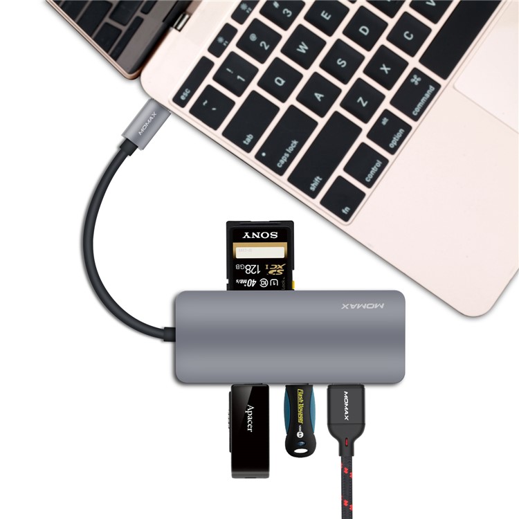 MOMAX ONE LINK Aluminum 6-in-1 Type-C to 3 USB 3.1 Ports + Type-C Charging Port + TF/SD Card Reader Ports Adapter Hub - Grey-11
