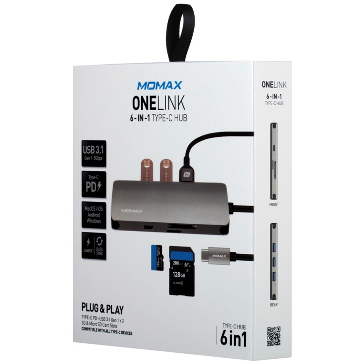 MOMAX ONE LINK Aluminum 6-in-1 Type-C to 3 USB 3.1 Ports + Type-C Charging Port + TF/SD Card Reader Ports Adapter Hub - Grey-12