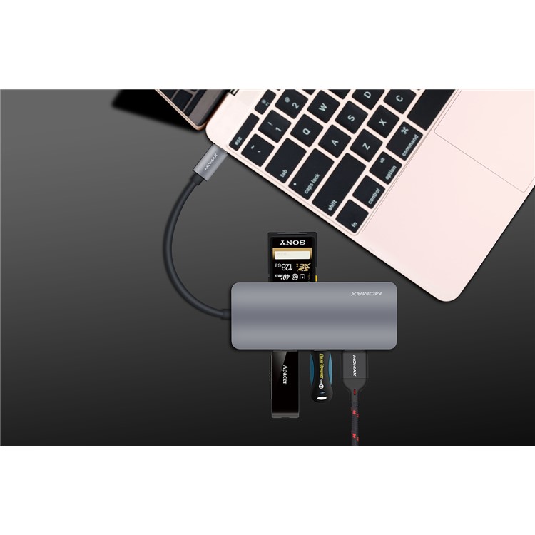 MOMAX ONE LINK Aluminum 6-in-1 Type-C to 3 USB 3.1 Ports + Type-C Charging Port + TF/SD Card Reader Ports Adapter Hub - Grey-17