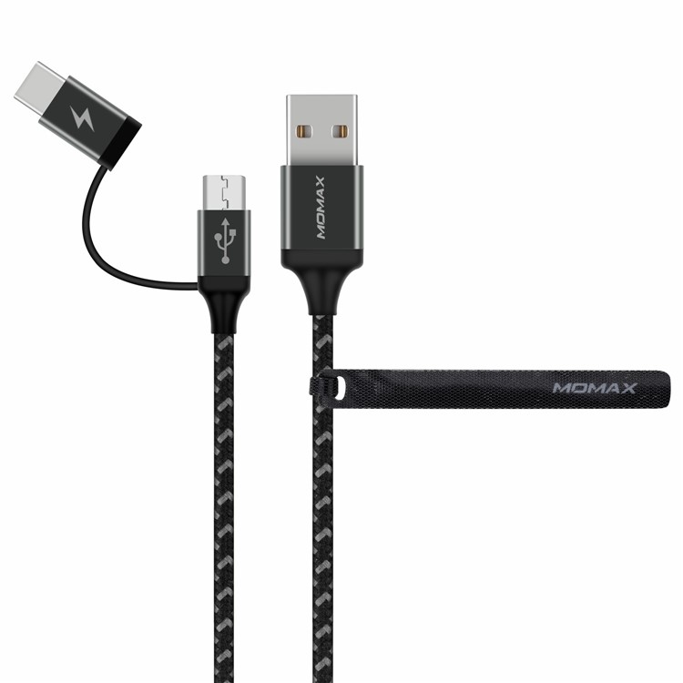 MOMAX ZERO 1m Micro USB + Type-C Sync Nylon Braided Charging Data Cable - Black-2