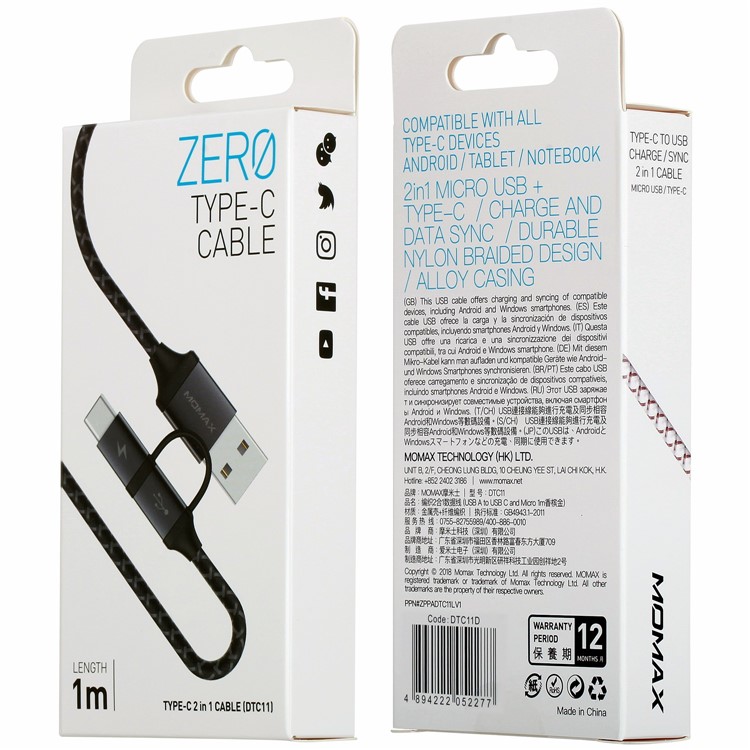 MOMAX ZERO 1m Micro USB + Type-C Sync Nylon Braided Charging Data Cable - Black-9