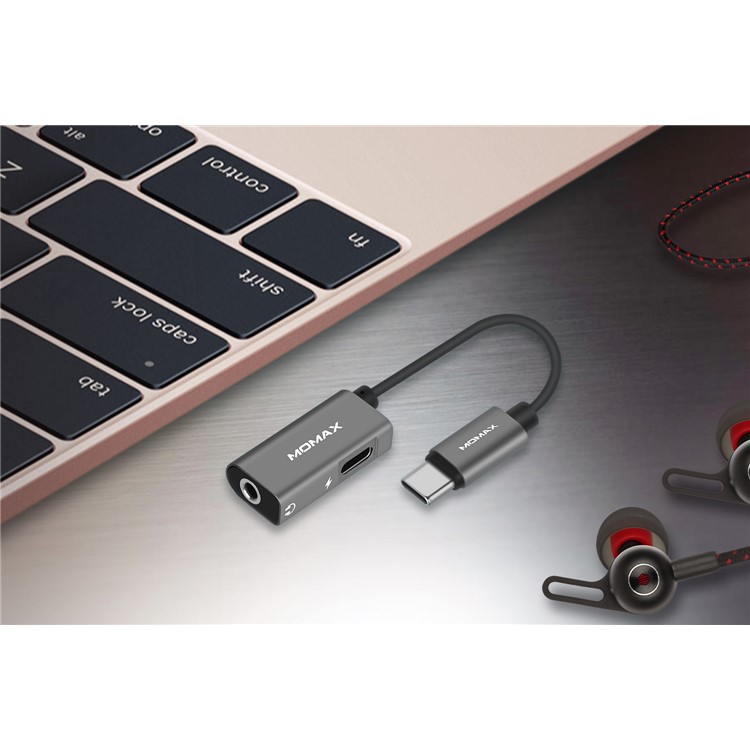 MOMAX ONELINK USB Type-C to 3.5mm Audio Jack + Type-C Female Charging Port Adapter Cable - Dark Grey-10