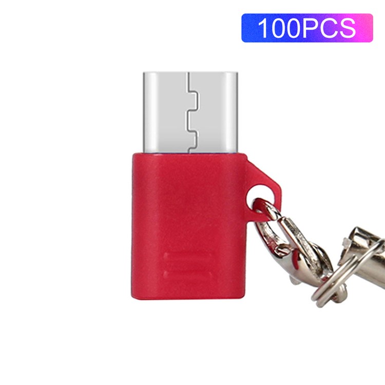 100Pcs/Set Mini Micro USB Male to Type-C Female Charging Sync Adapter with Anti-lost Chain - Red-1