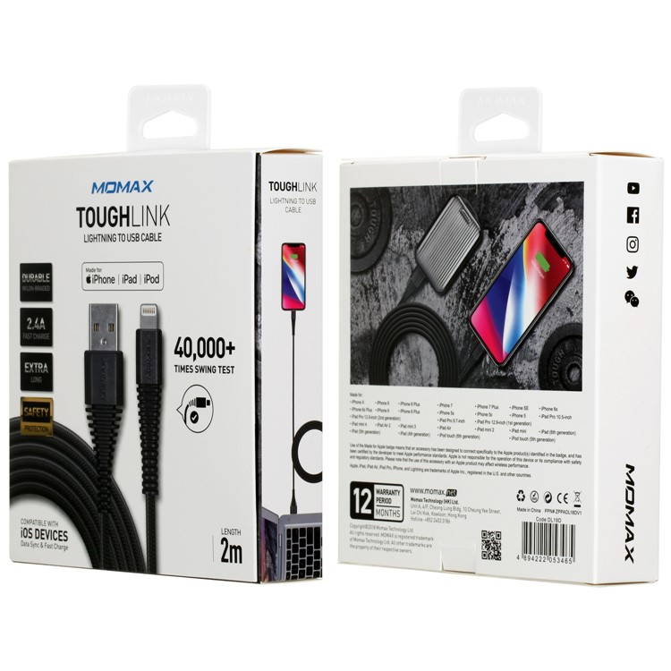 MOMAX Tough Link Apple MFI Certified 2.4A Lightning 8Pin Data Sync Charge Woven Cable 2m-10