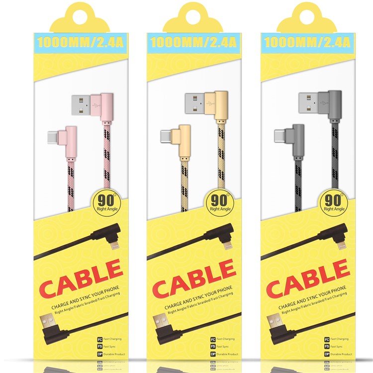 90 Degree Angle 1m Fabric Braided USB Type-C Data Sync Charge Cable - Black-5
