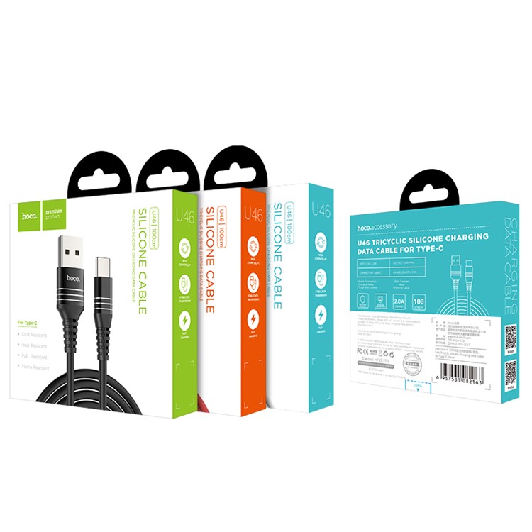 HOCO U46 1M Tricyclic Silicone Type-C Data Sync Charging Cable - Black-7