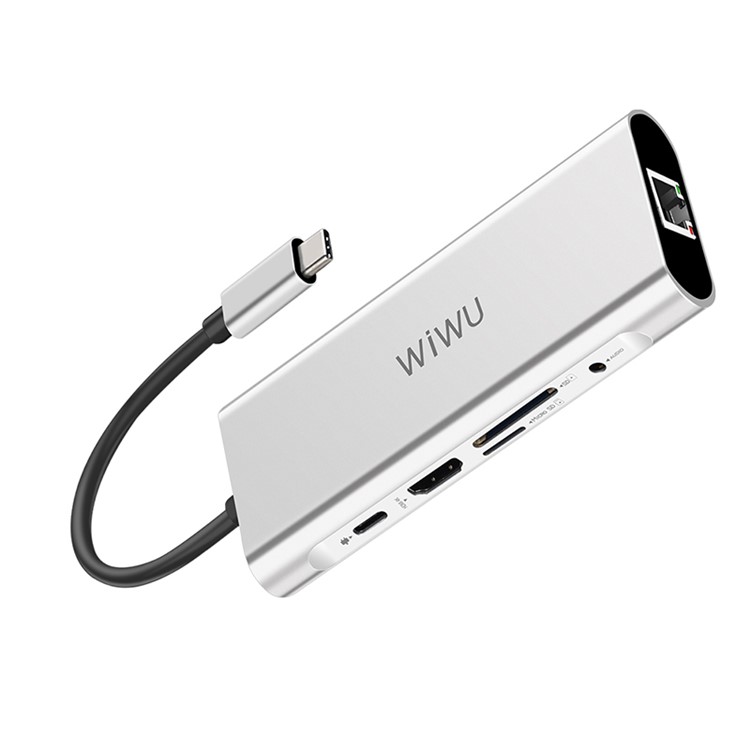 WIWU A931HRT 9-in-1 Aluminum Adapter with USB-C Charging, Mic/Audio Port, HDMI for MacBook Pro - Silver-1