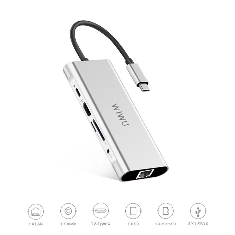 WIWU A931HRT 9-in-1 Aluminum Adapter with USB-C Charging, Mic/Audio Port, HDMI for MacBook Pro - Silver-2
