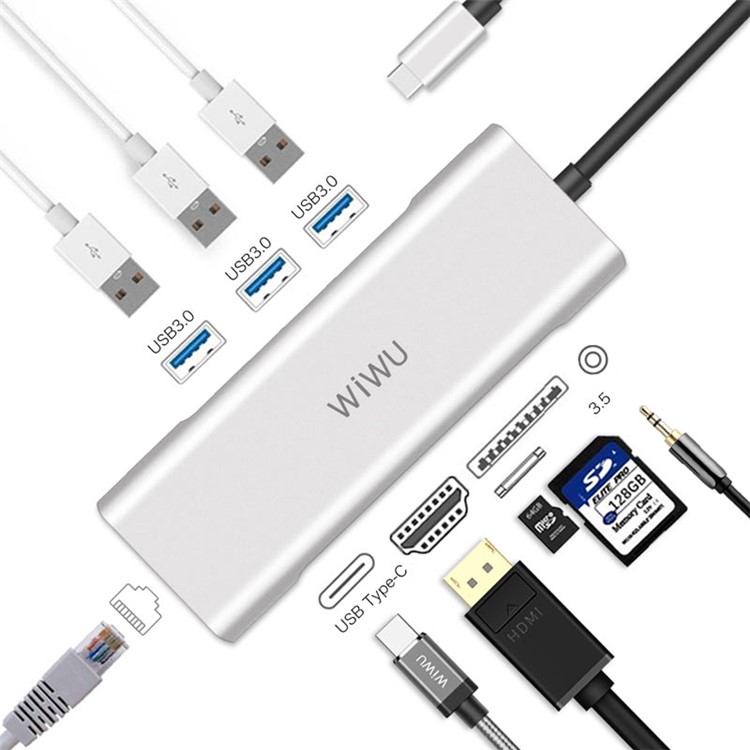 WIWU A931HRT 9-in-1 Aluminum Adapter with USB-C Charging, Mic/Audio Port, HDMI for MacBook Pro - Silver-3