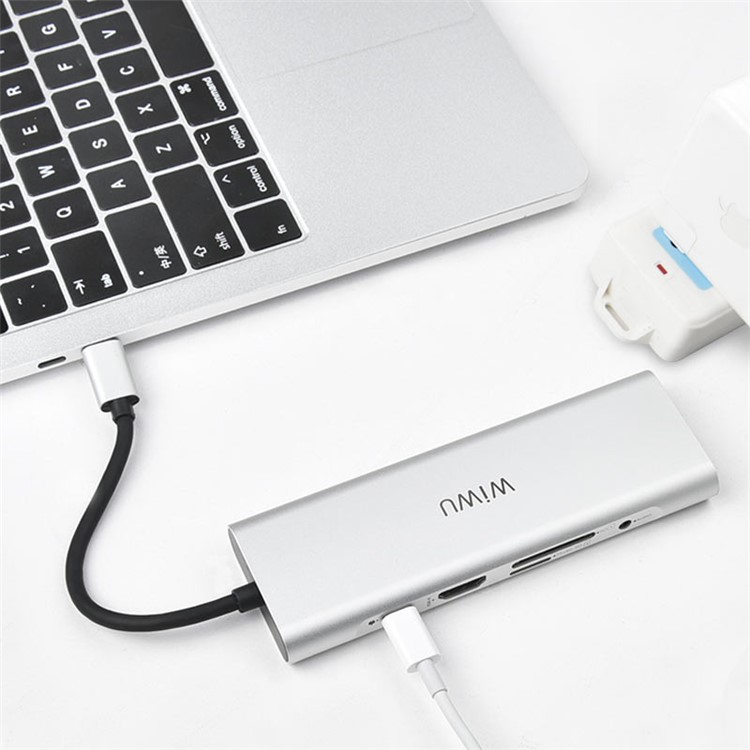 WIWU A931HRT 9-in-1 Aluminum Adapter with USB-C Charging, Mic/Audio Port, HDMI for MacBook Pro - Silver-4