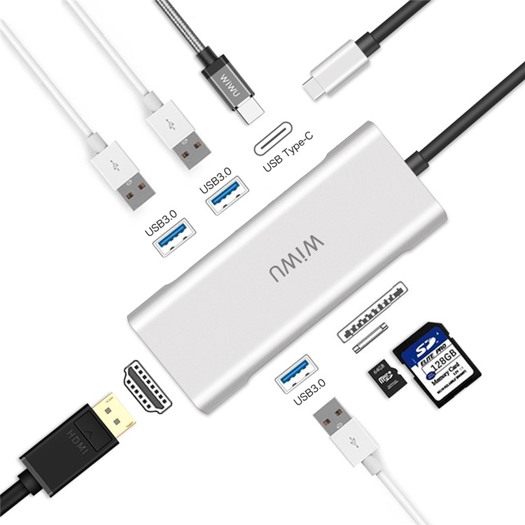 WIWU A731TH 7-in-1 Multi-Port Type-C Adapter, Type-C PD Charging Port, HDMI Output, 3 x USB 3.0 Ports, SD/MicroSD Card Reader for MacBook - Silver-2