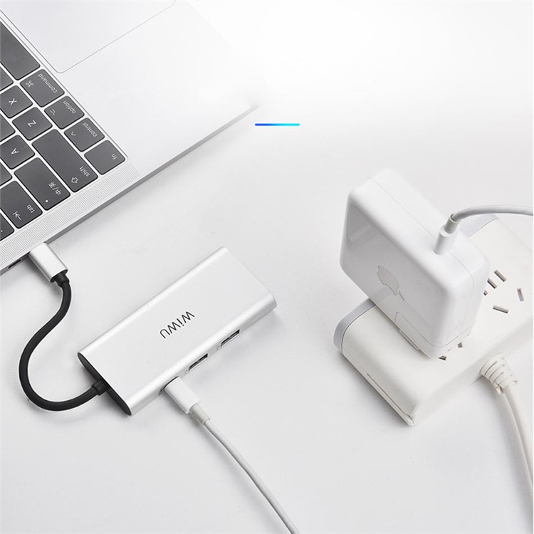 WIWU A731TH 7-in-1 Multi-Port Type-C Adapter, Type-C PD Charging Port, HDMI Output, 3 x USB 3.0 Ports, SD/MicroSD Card Reader for MacBook - Silver-3
