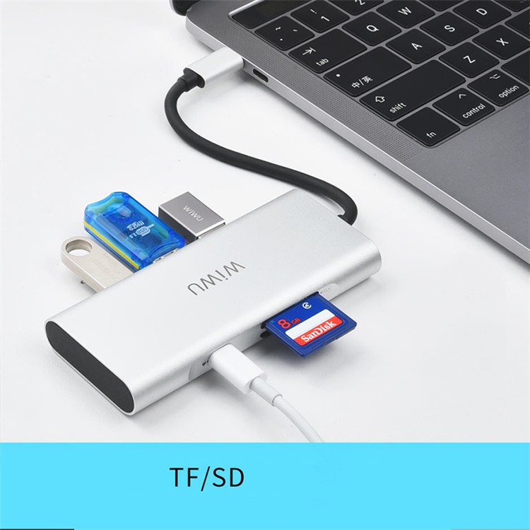 WIWU A731TH 7-in-1 Multi-Port Type-C Adapter, Type-C PD Charging Port, HDMI Output, 3 x USB 3.0 Ports, SD/MicroSD Card Reader for MacBook - Silver-5