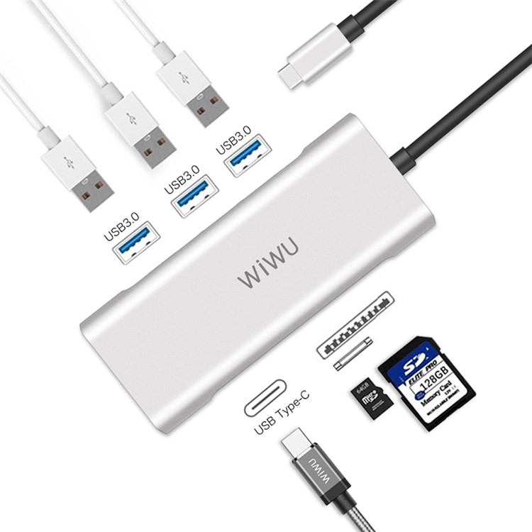 WIWU A631ST 6-in-1 Multi-Port Type-C Hub Adapter, Type-C Charging Port, USB 3.0 Ports, SD/TF Card Reader for MacBook - Silver-2
