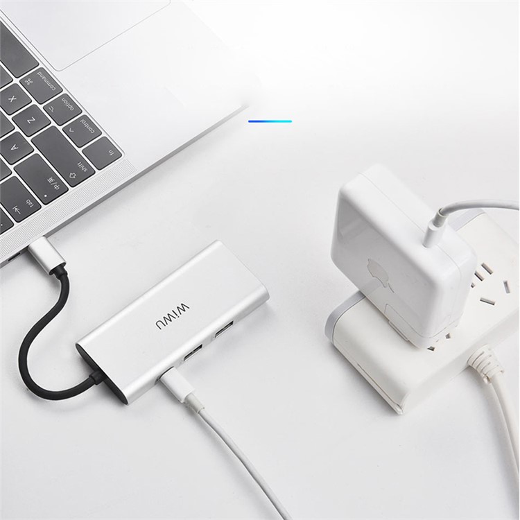 WIWU A631ST 6-in-1 Multi-Port Type-C Hub Adapter, Type-C Charging Port, USB 3.0 Ports, SD/TF Card Reader for MacBook - Silver-3
