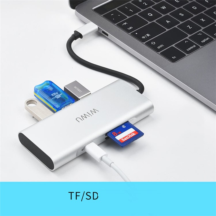 WIWU A631ST 6-in-1 Multi-Port Type-C Hub Adapter, Type-C Charging Port, USB 3.0 Ports, SD/TF Card Reader for MacBook - Silver-4