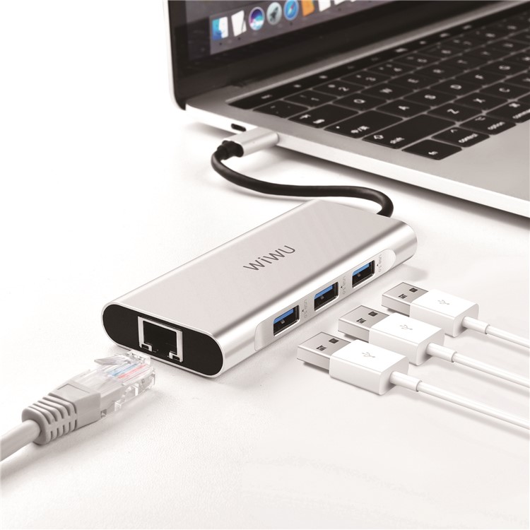 WIWU Apollo A430R 4-in-1 Type-C to 3 USB 3.0 + RJ45 Converter - Silver-1