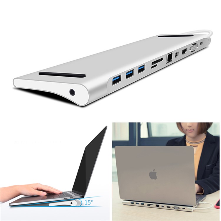 WIWU Apollo 11 in 1 USB Type-C Hub Multiple Ports Docking Station with USB3.0/HDMI/VGA/DP/RJ45/SD Card/3.5mm Jack - Silver-1
