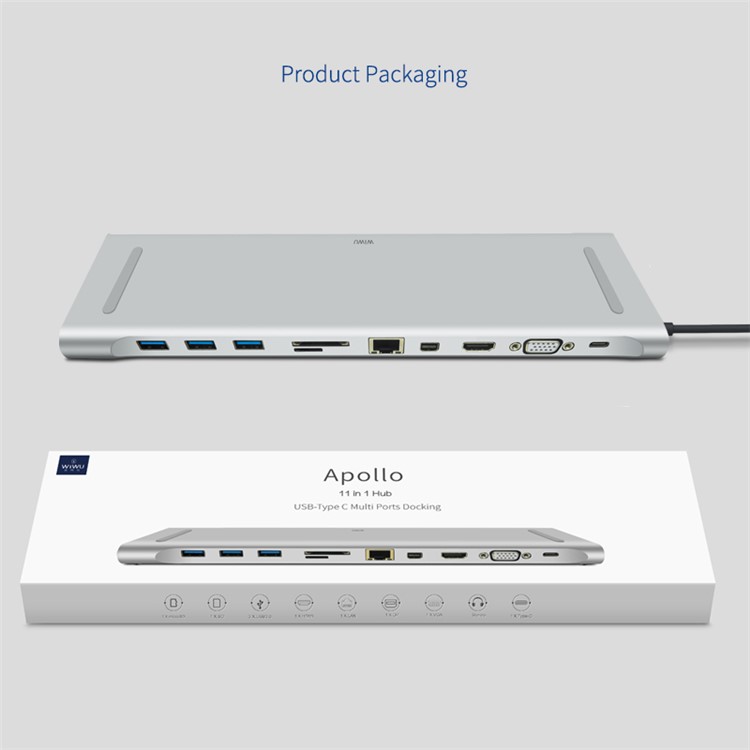 WIWU Apollo 11 in 1 USB Type-C Hub Multiple Ports Docking Station with USB3.0/HDMI/VGA/DP/RJ45/SD Card/3.5mm Jack - Silver-12