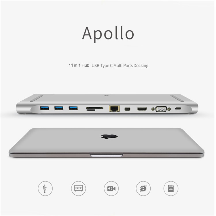 WIWU Apollo 11 in 1 USB Type-C Hub Multiple Ports Docking Station with USB3.0/HDMI/VGA/DP/RJ45/SD Card/3.5mm Jack - Silver-3