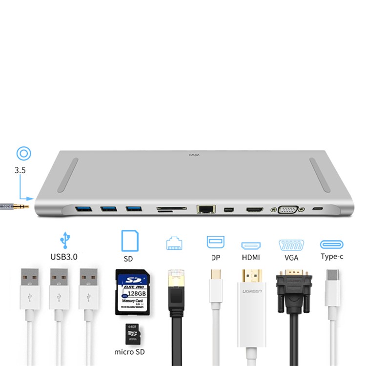 WIWU Apollo 11 in 1 USB Type-C Hub Multiple Ports Docking Station with USB3.0/HDMI/VGA/DP/RJ45/SD Card/3.5mm Jack - Silver-5