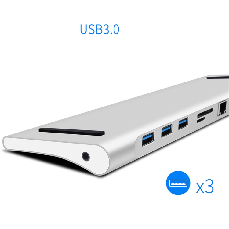 WIWU Apollo 11 in 1 USB Type-C Hub Multiple Ports Docking Station with USB3.0/HDMI/VGA/DP/RJ45/SD Card/3.5mm Jack - Silver-9