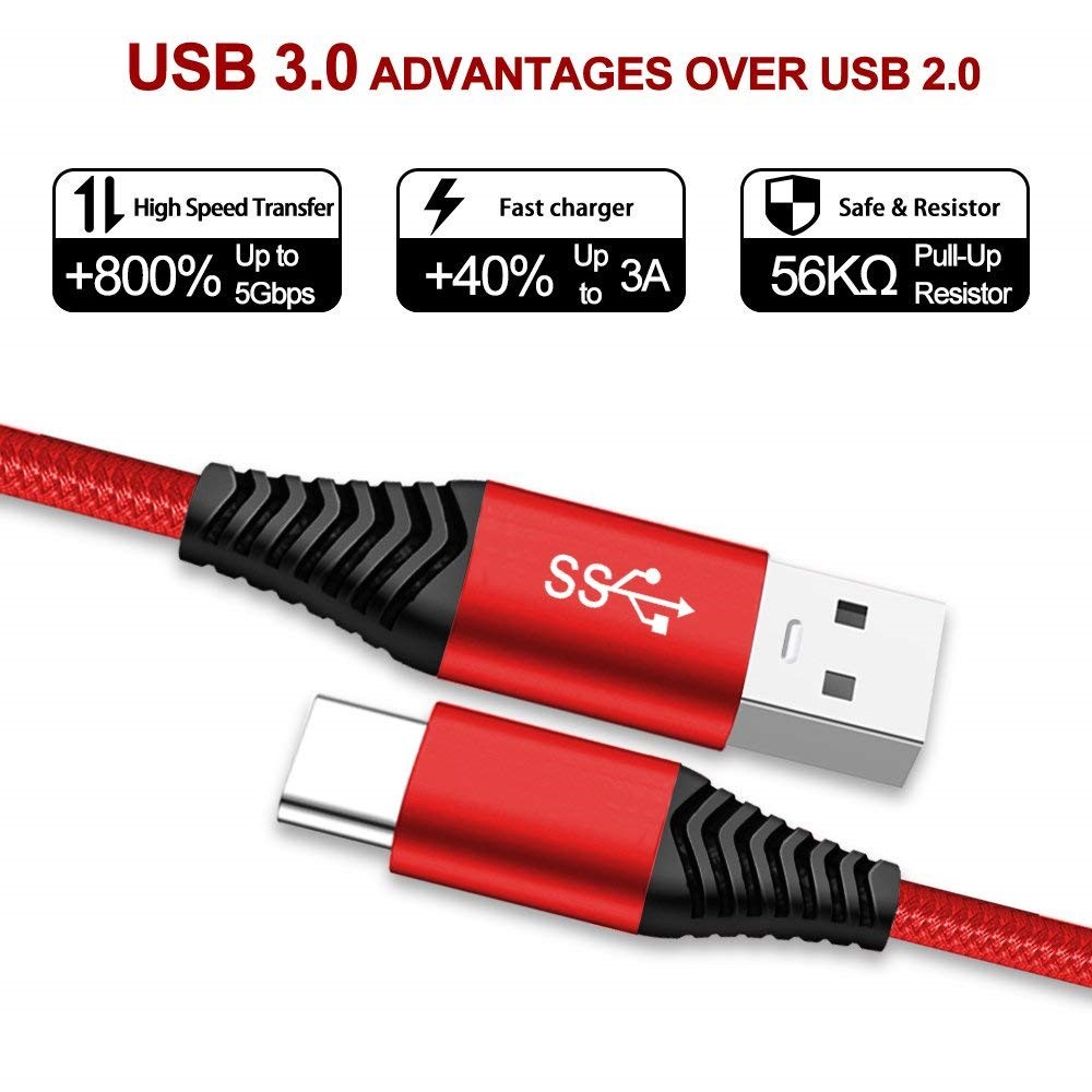 Type-C Cable, 1.8m Nylon Weaving 3A Type-C USB 3.0 Data Sync Charging Cable for Xiaomi Huawei - Red-3