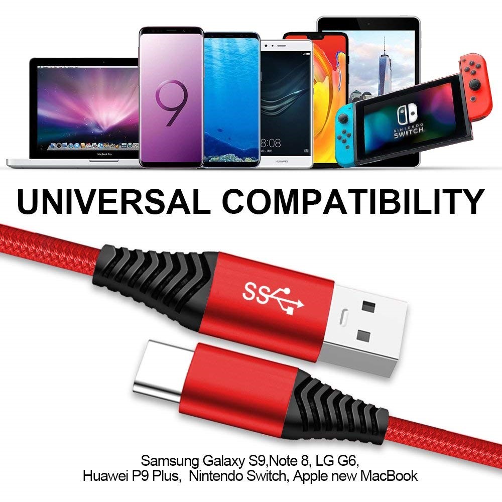 Type-C Cable, 1.8m Nylon Weaving 3A Type-C USB 3.0 Data Sync Charging Cable for Xiaomi Huawei - Red-5