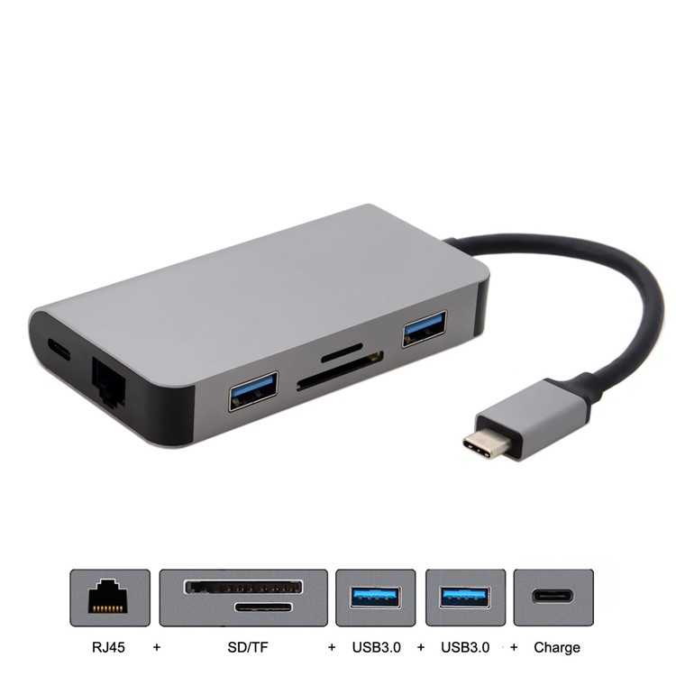 CY UC-089 6-in-1 USB-C Type-C to RJ45 + USB3.0*2 Ports Hub + TF/SD Card Reader + Type-C Charger Multiport Adapter-1