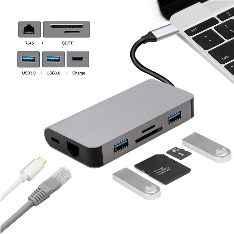 CY UC-089 6-in-1 USB-C Type-C to RJ45 + USB3.0*2 Ports Hub + TF/SD Card Reader + Type-C Charger Multiport Adapter-10