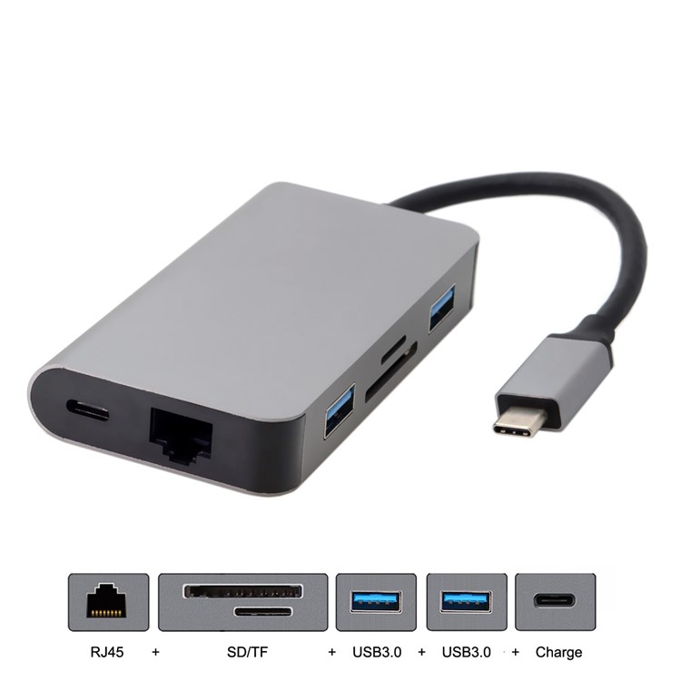 CY UC-089 6-in-1 USB-C Type-C to RJ45 + USB3.0*2 Ports Hub + TF/SD Card Reader + Type-C Charger Multiport Adapter-2