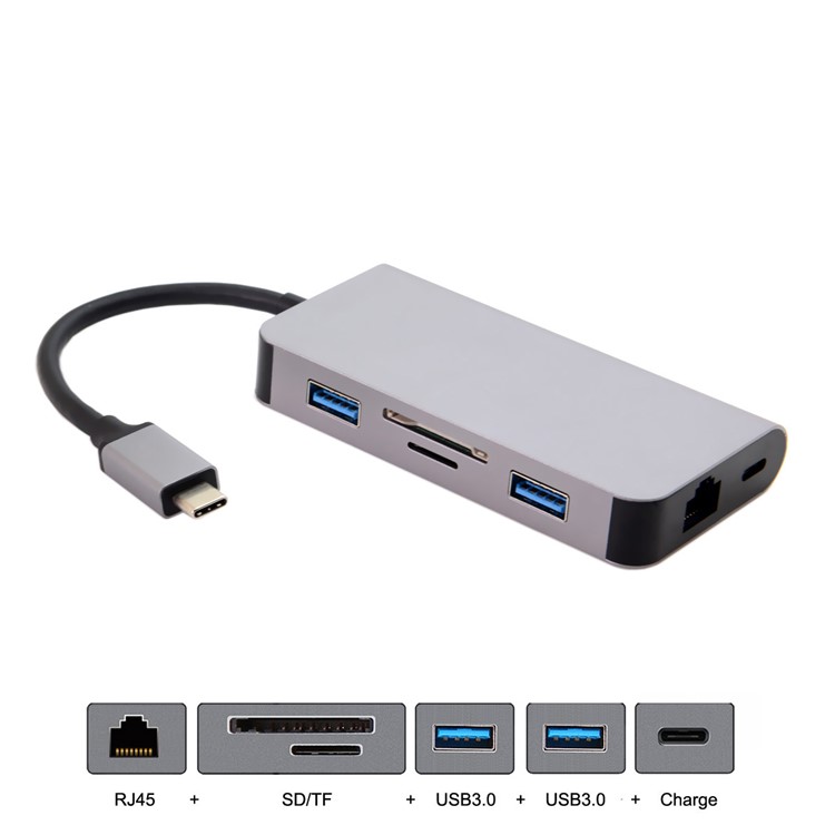 CY UC-089 6-in-1 USB-C Type-C to RJ45 + USB3.0*2 Ports Hub + TF/SD Card Reader + Type-C Charger Multiport Adapter-3