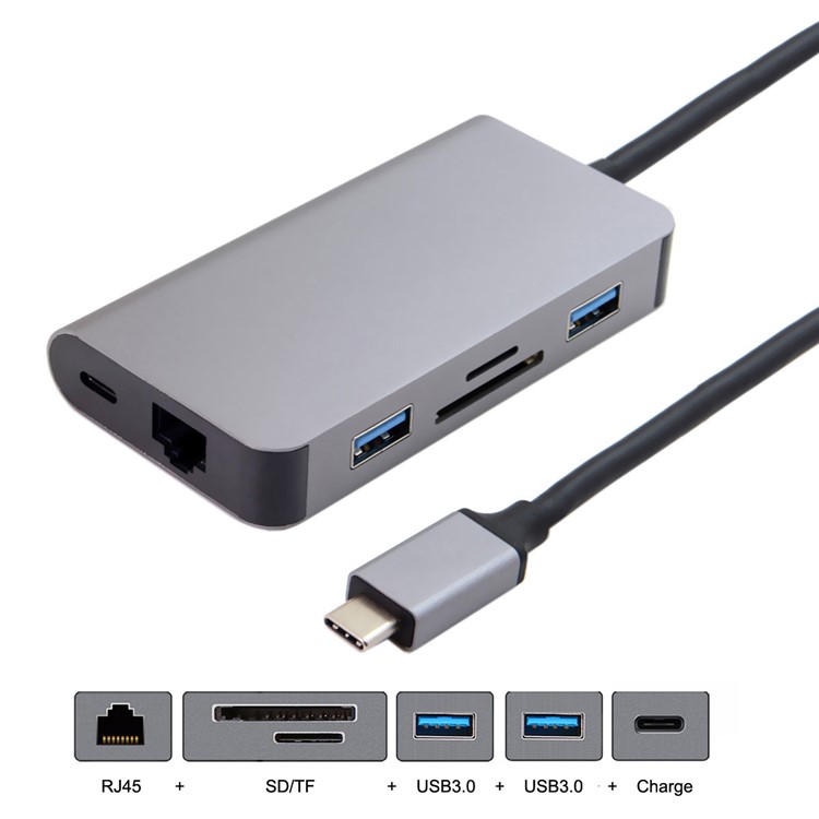 CY UC-089 6-in-1 USB-C Type-C to RJ45 + USB3.0*2 Ports Hub + TF/SD Card Reader + Type-C Charger Multiport Adapter-4