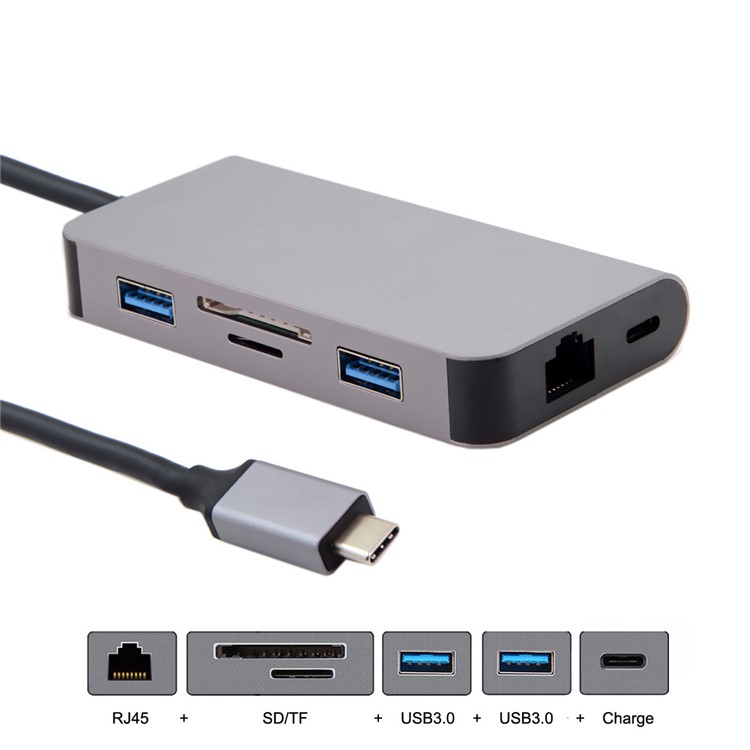 CY UC-089 6-in-1 USB-C Type-C to RJ45 + USB3.0*2 Ports Hub + TF/SD Card Reader + Type-C Charger Multiport Adapter-5