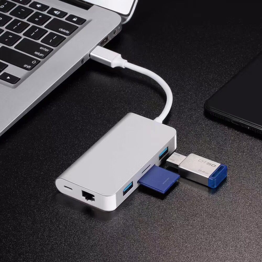 CY UC-089 6-in-1 USB-C Type-C to RJ45 + USB3.0*2 Ports Hub + TF/SD Card Reader + Type-C Charger Multiport Adapter - White-2