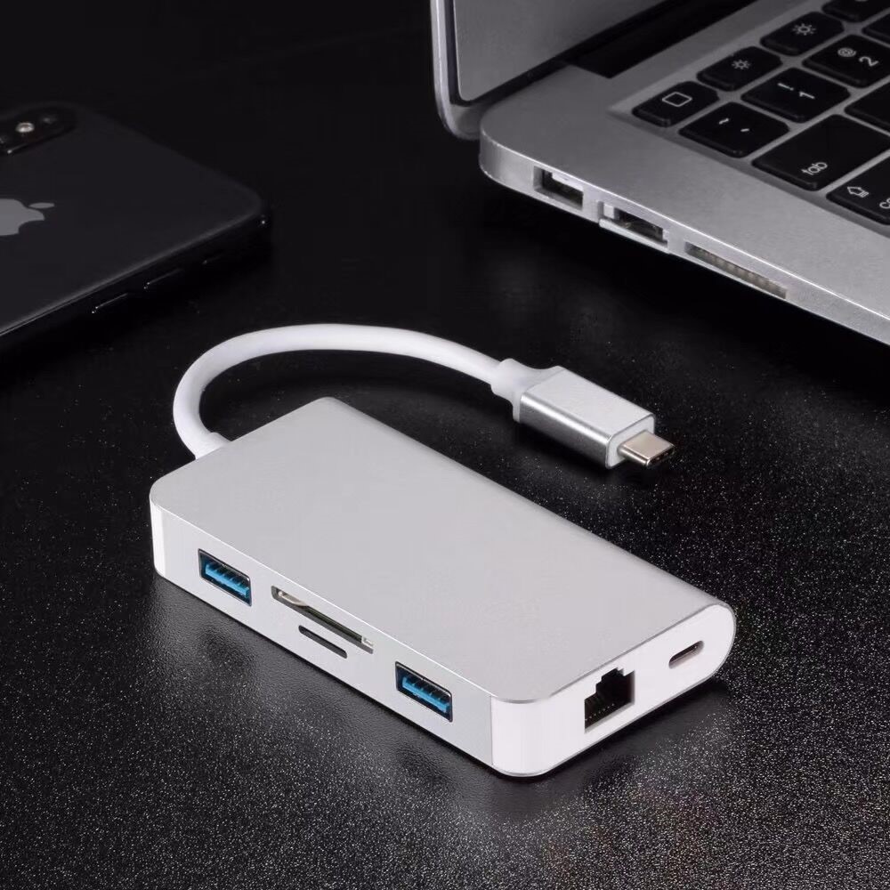 CY UC-089 6-in-1 USB-C Type-C to RJ45 + USB3.0*2 Ports Hub + TF/SD Card Reader + Type-C Charger Multiport Adapter - White-3